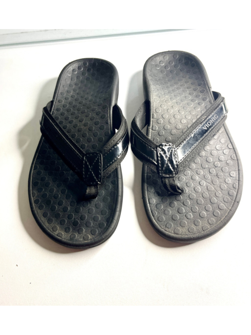 Women's Vionic Tide II Toe Post Black Leather Flip Flop Sandals Size 5